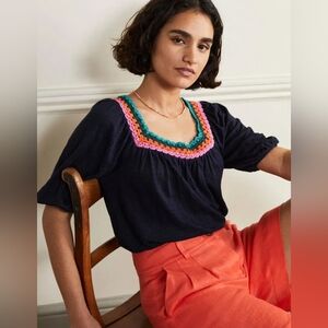Boden Navy Crochet Trim Puff Sleeve Linen Top NWT